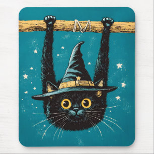 Spooky Flying Black Cat Witch Mouse Mat