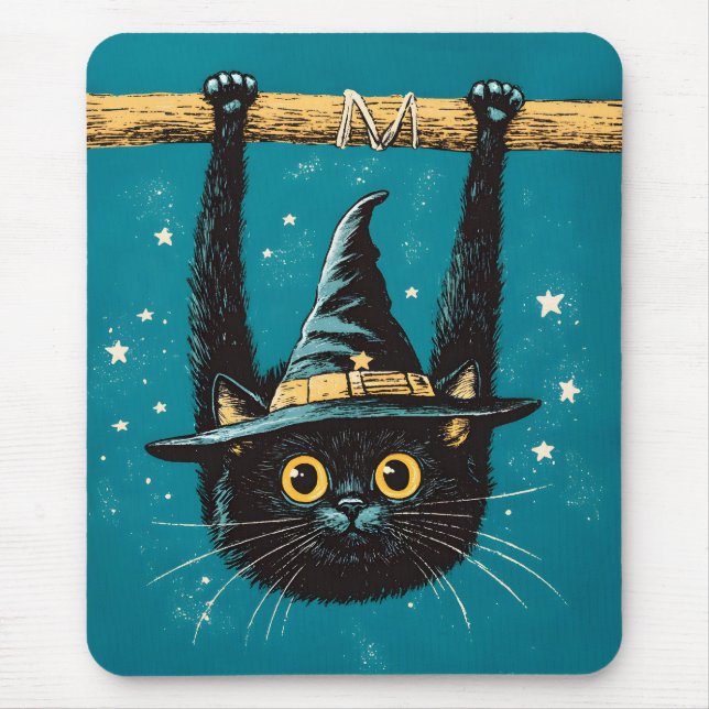 Spooky Flying Black Cat Witch Mouse Mat (Front)