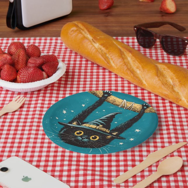 Spooky Flying Black Cat Witch Paper Plate (Picnic)