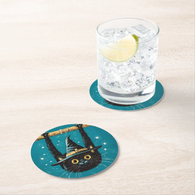 Spooky Flying Black Cat Witch Round Paper Coaster (Insitu)