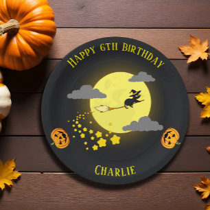 Spooky Flying Witch Black Cat Cartoon Birthday Paper Plate