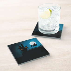Spooky Flying Witch: Bold Black and Blue Halloween Glass Coaster