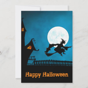 Spooky Flying Witch: Bold Black and Blue Halloween Invitation