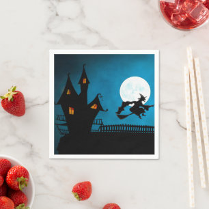 Spooky Flying Witch: Bold Black and Blue Halloween Napkin