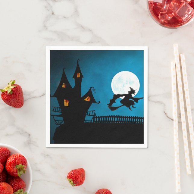 Spooky Flying Witch: Bold Black and Blue Halloween Napkin (Insitu)