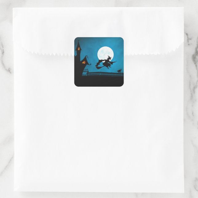 Spooky Flying Witch: Bold Black and Blue Halloween Square Sticker (Bag)