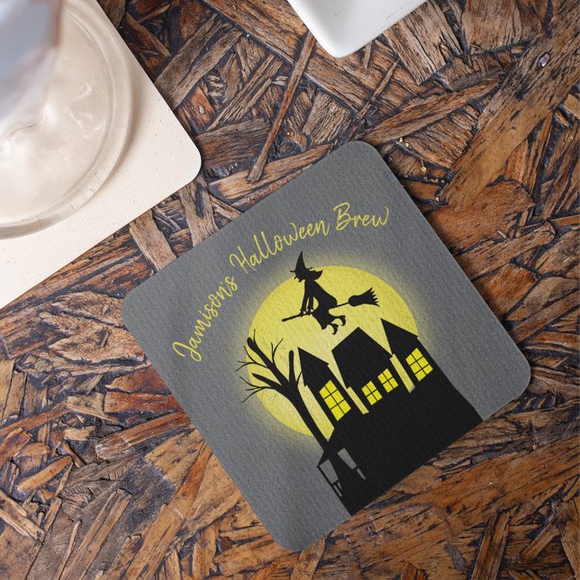 Spooky Flying Witch Moonlight Halloween Party Coaster (Spooky flying witch silhouette under moonlight sky, perfect for Halloween party drink decor.)