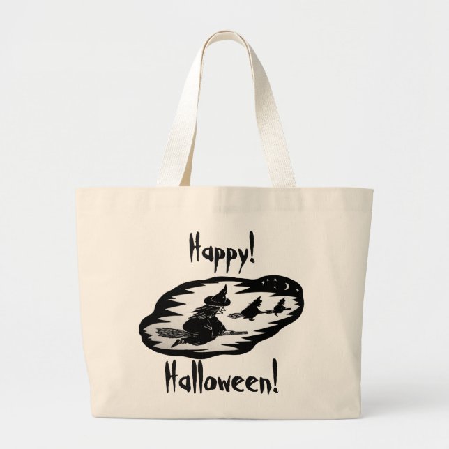 spooky flying witches on broomsticks halloween large tote bag (Front)
