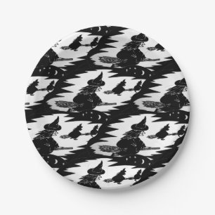 spooky flying witches on broomsticks halloween paper plate