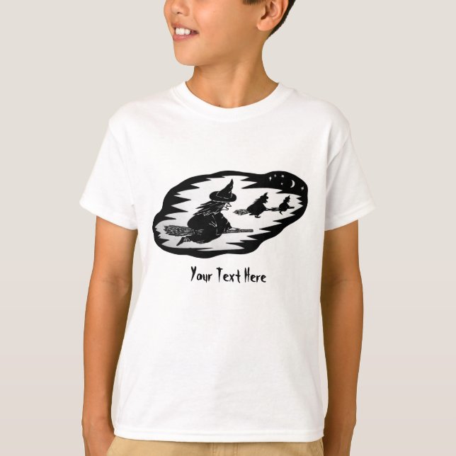 spooky flying witches on broomsticks halloween T-Shirt (Front)