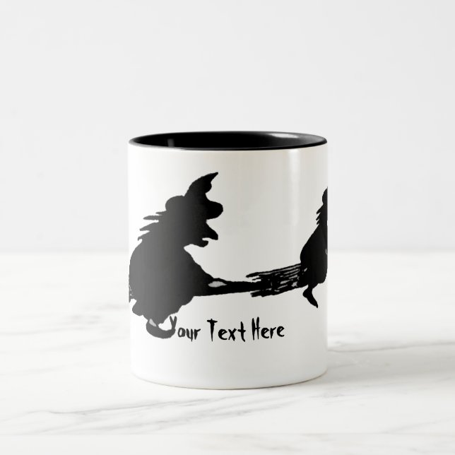 spooky flying witches on broomsticks halloween Two-Tone coffee mug (Center)