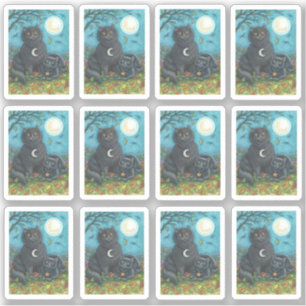 SPOOKY FOLK ART BLACK CATS UNDER BIG FULL MOON