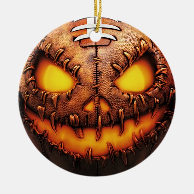 Spooky Football Pumpkin Face Halloween Ceramic Tree Decoration (Front)