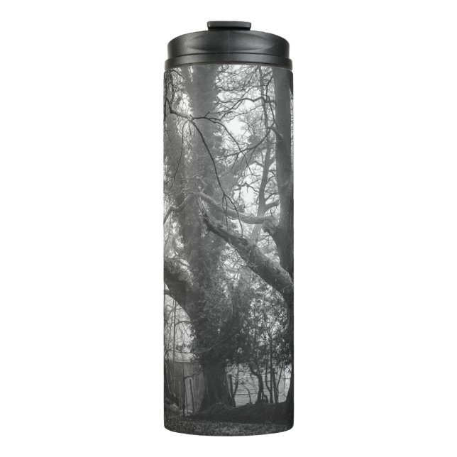 Spooky Forest Black and White Photography Thermal Tumbler (Front)