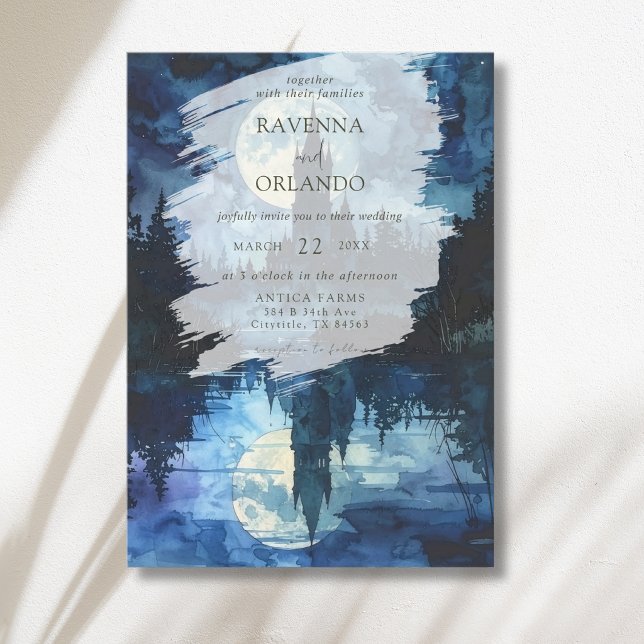 Spooky Forest Castle Moonlake Romance Wedding Invitation (Creator Uploaded)