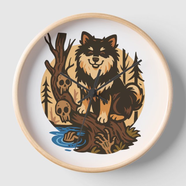 Spooky Forest Dog with Skulls Horror Art Clock (Front)