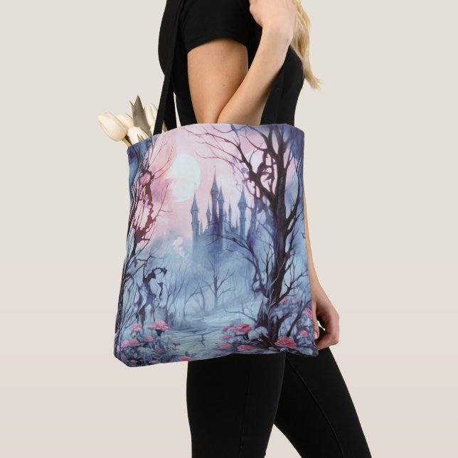 Spooky Forest Full Moon Blue and Pink Halloween Tote Bag (Close Up)