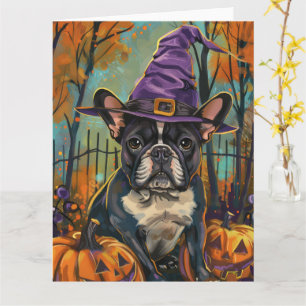 Spooky French Bulldog Halloween Witch And Pumpkin Card