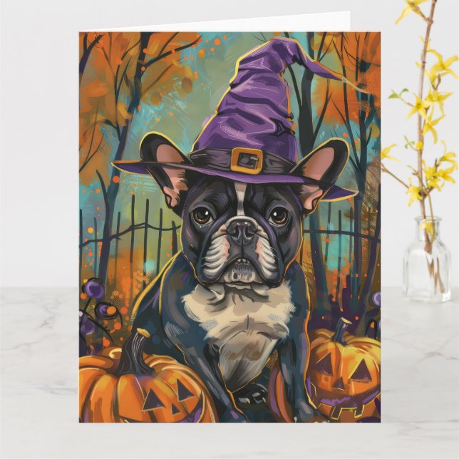 Spooky French Bulldog Halloween Witch And Pumpkin Card (Yellow Flower)