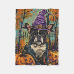 Spooky French Bulldog Halloween Witch And Pumpkin Fleece Blanket