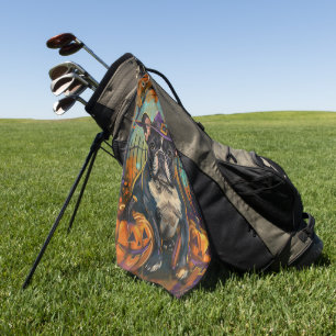 Spooky French Bulldog Halloween Witch And Pumpkin Golf Towel