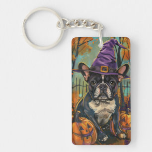 Spooky French Bulldog Halloween Witch And Pumpkin Key Ring