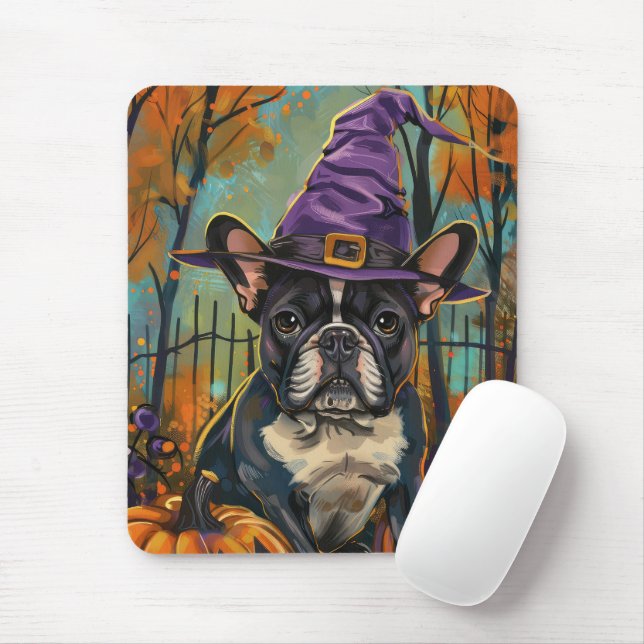 Spooky French Bulldog Halloween Witch And Pumpkin Mouse Mat (With Mouse)