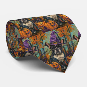 Spooky French Bulldog Halloween Witch And Pumpkin Tie