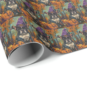 Spooky French Bulldog Halloween Witch And Pumpkin Wrapping Paper