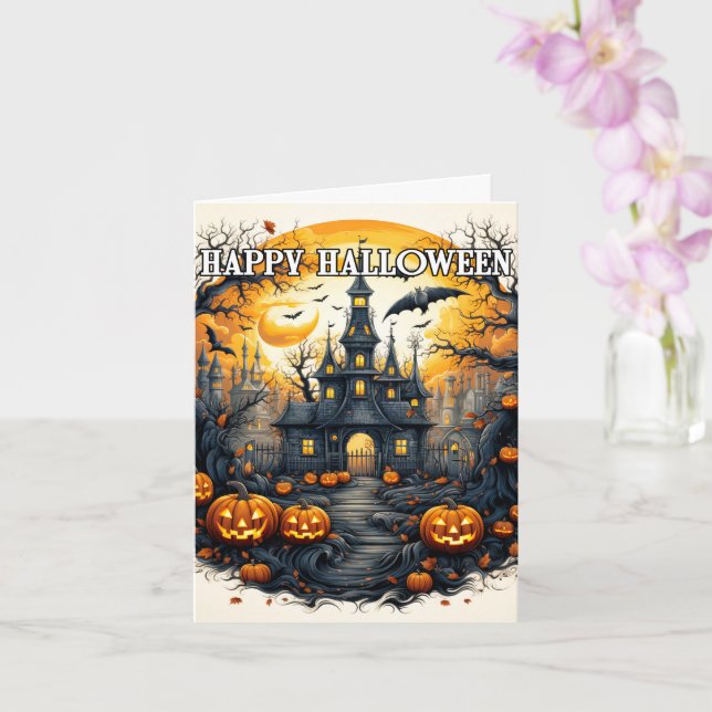 Spooky Frightful Halloween Haunted House Card (Orchid)