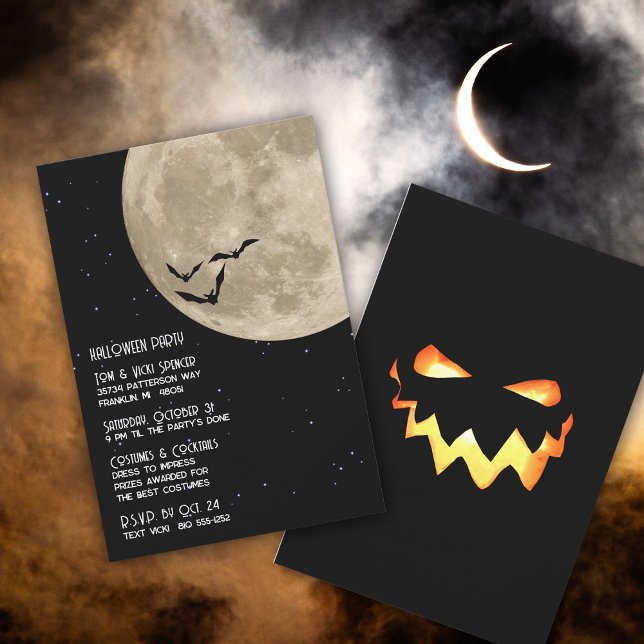 Spooky Full Moon Bats Halloween Costume Party  Invitation (It's a full moon and the bats are flying.  Watch out for things that go bump in the night! )
