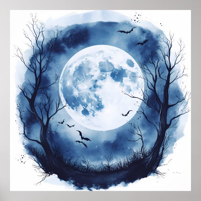 Spooky Full Moon with Bats Halloween Night Poster (Front)