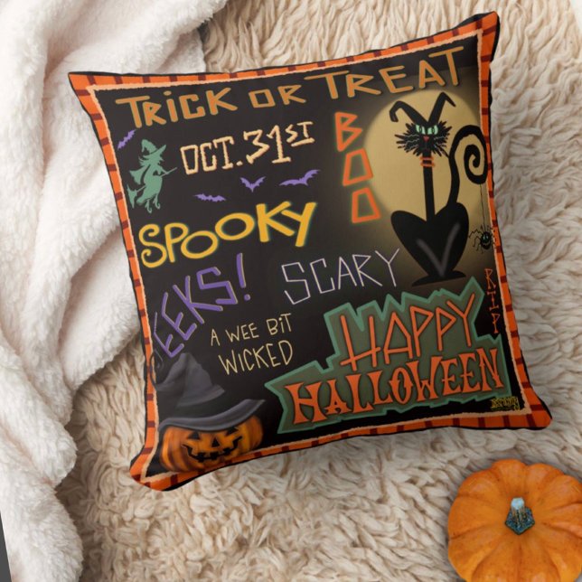 Spooky Fun Cute Halloween Black Cat Pumpkin  Cushion (Fun Halloween pillow by Inspirivity)