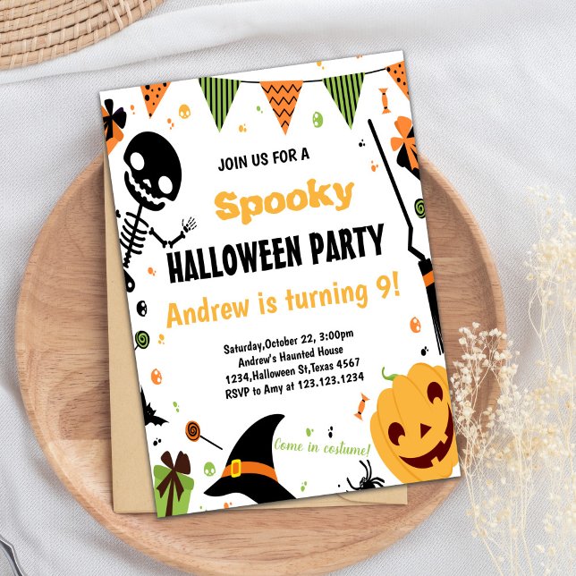 Spooky Fun Party Card for Kids or Adults (Orange Halloween Birthday Invitations)