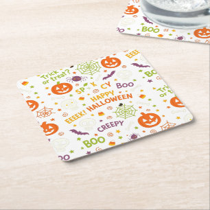 Spooky & Fun Pumpkin - Colorful Halloween Pattern Square Paper Coaster
