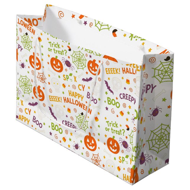 Spooky & Fun Pumpkin - Colourful Halloween Pattern Large Gift Bag (Front Angled)