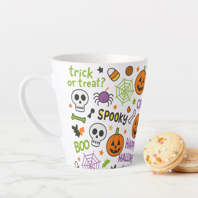 Spooky & Fun Pumpkin - Colourful Halloween Pattern Latte Mug (In Situ)