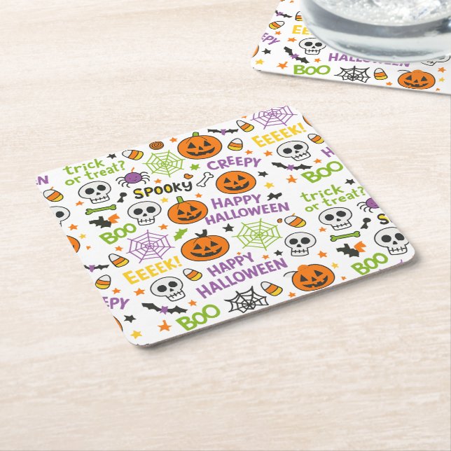 Spooky & Fun Pumpkin - Colourful Halloween Pattern Square Paper Coaster (Angled)