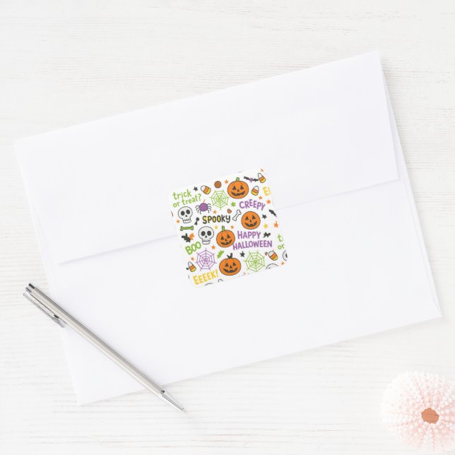 Spooky & Fun Pumpkin - Colourful Halloween Pattern Square Sticker (Envelope)
