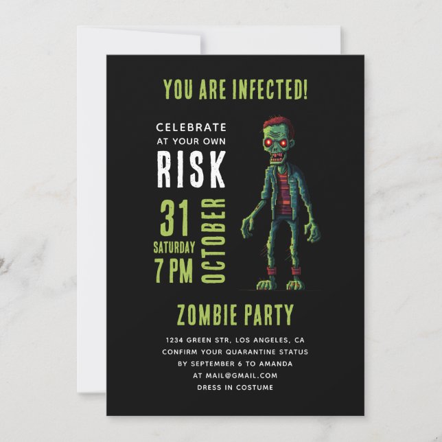 Spooky Funny Zombie Halloween Party | Black Grunge Invitation (Front)