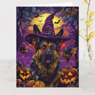 Spooky German Shepherd Halloween Witch Pumpkin Card