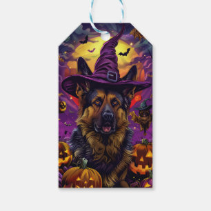 Spooky German Shepherd Halloween Witch Pumpkin Gift Tags