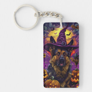 Spooky German Shepherd Halloween Witch Pumpkin Key Ring