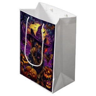 Spooky German Shepherd Halloween Witch Pumpkin Medium Gift Bag