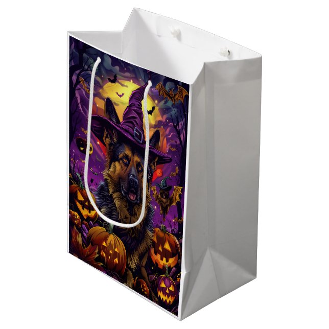Spooky German Shepherd Halloween Witch Pumpkin  Medium Gift Bag (Front Angled)
