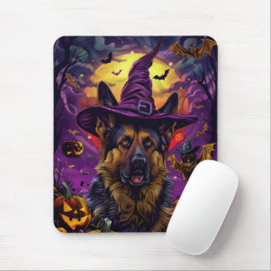 Spooky German Shepherd Halloween Witch Pumpkin Mouse Mat