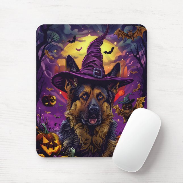 Spooky German Shepherd Halloween Witch Pumpkin  Mouse Mat (With Mouse)