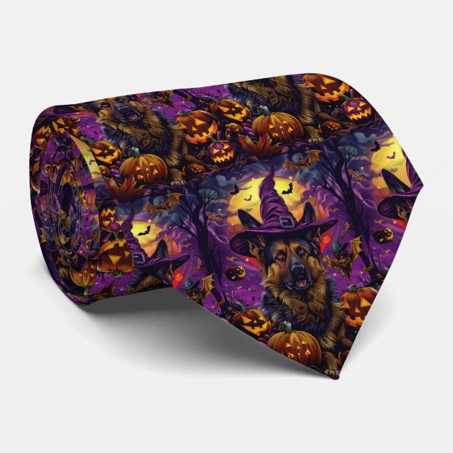 Spooky German Shepherd Halloween Witch Pumpkin  Tie (Rolled)