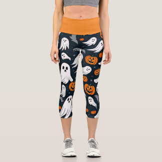 Spooky Ghost and Pumpkin Halloween Capri Leggings