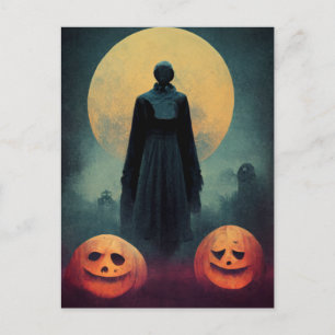 Spooky ghost and pumpkins Halloween Holiday Postcard